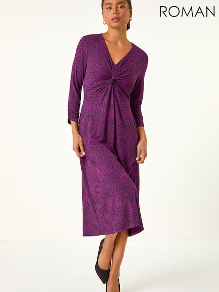Roman Purple Petite Twist Front V-Neck Midi Dress (G78907) | R$ 580