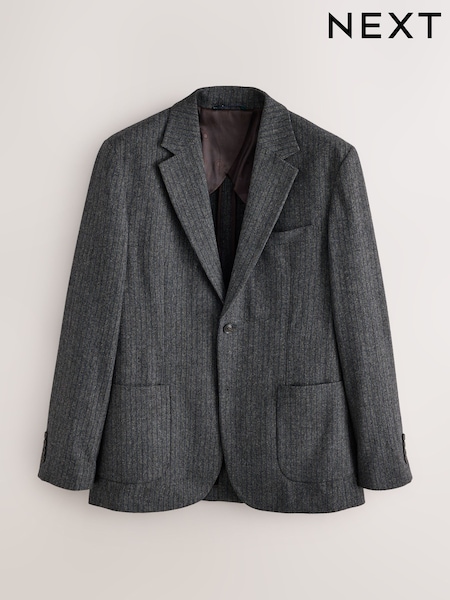 Grey - Regular Tailored Fit With Wool Herringbone Stripe Suit Jacket
