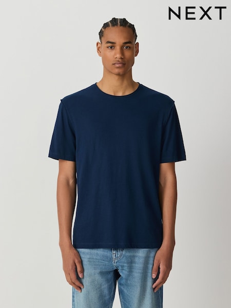 Navy - Regular Lightweight Slub Raw Edge Neck T-shirt