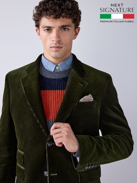 Olive Green - Regular Signature Tailored Fit Pontoglio Italian Cotton Corduroy Suit Jacket