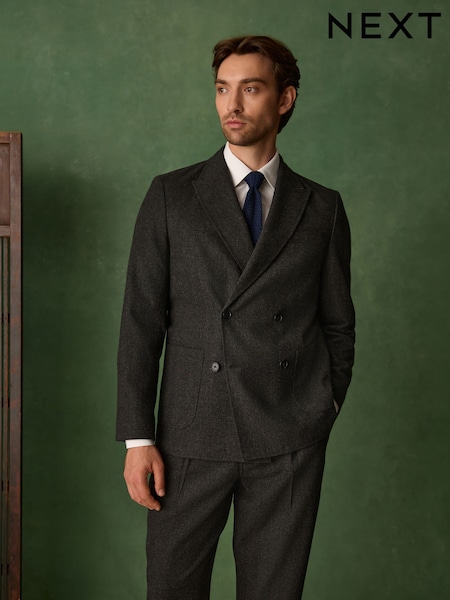 Charcoal Grey - Regular Double Breasted Relaxed Fit Check Suit Jacket With Wool
