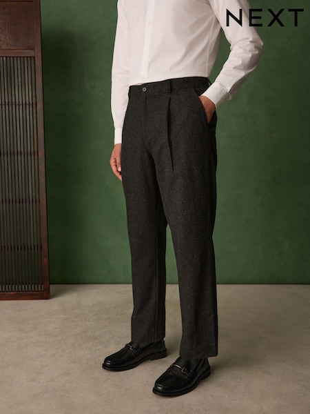 Charcoal Grey - Regular Relaxed Fit Check Suit Trousers With Wool