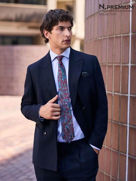 Navy - Regular N. Premium Double Breasted Tailored Fit Nova Fides Italian Wool Blend Herringbone Suit Jacket
