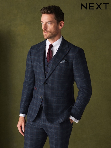 Bright Blue - Regular Slim Fit Nova Fides Italian Wool Rich Check Trimmed Suit Jacket