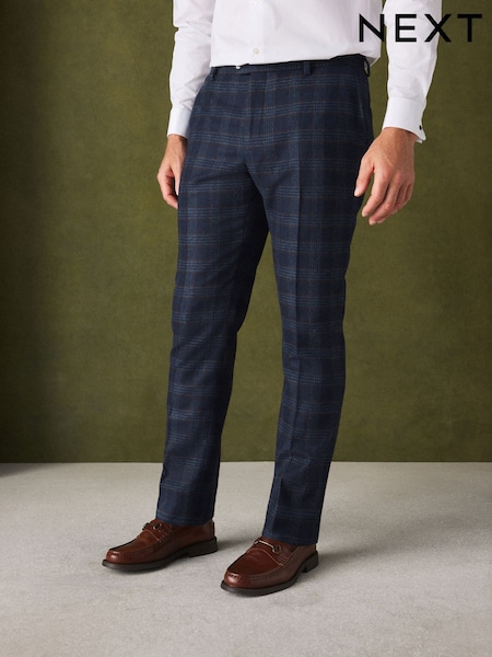 Hellblau - Regular Slim Fit Nova Fides Italian Wool Rich Check Trimmed Suit Trousers