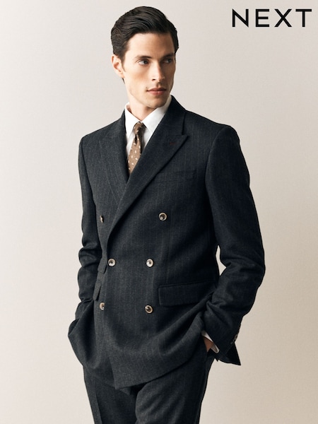 رمادي رمادي داكن - Regular Double Breasted Tailored Fit Stripe Trimmed Suit Jacket With Wool