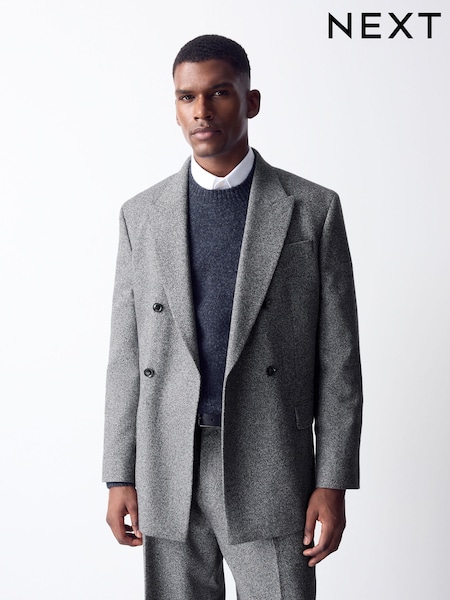 Charcoal Grey - Regular Double Breasted Loose Fit Boucle Suit Jacket