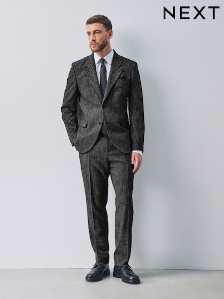 Charcoal Grey - Regular Slim Fit Check Boucle Texture Suit Trousers