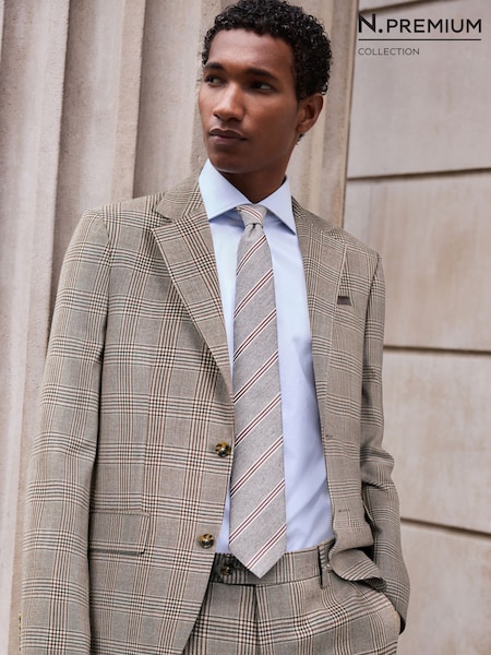 Tan Brown - Regular N. Premium Slim Fit Wool Blend Check Suit Jacket