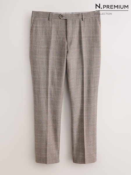 Jasnobrązowy - Regular N. Premium Slim Fit Wool Blend Check Suit Trousers