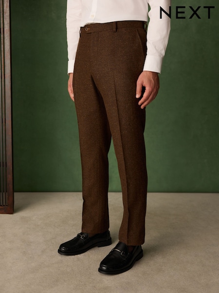 Rust Brown - Regular Slim Fit Nova Fides Italian Wool Blend Trimmed Herringbone Suit Trousers