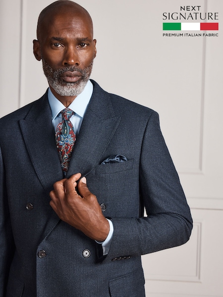 Navy - Regular Signature Double Breasted Tailored Fit Motionflex Stretch Tollegno Italian Wool Rich Textured Suit Jacket
