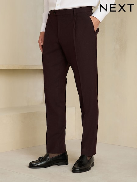 Burgundy Red - Slim Fit Wool Blend Flannel Suit Trousers