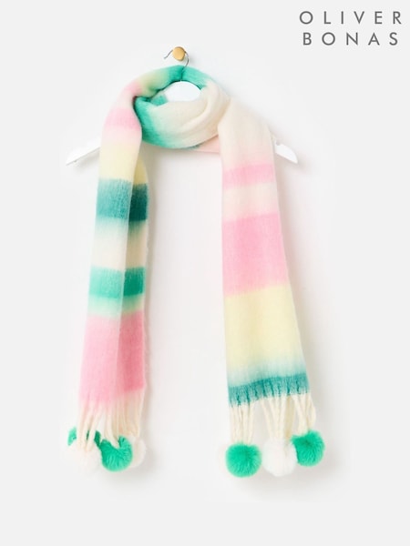 Oliver Bonas Green Striped Pom Pom Midweight Scarf (G79420) | €56