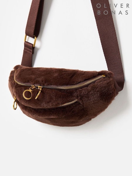 Oliver Bonas Brown Faux Fur Double Zip Belt Bag (G79434) | R$ 515