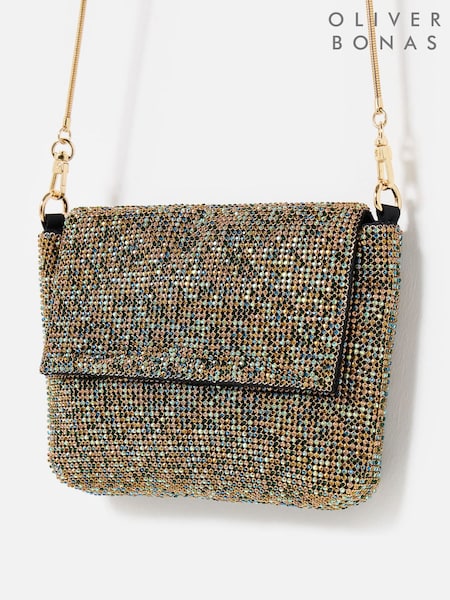 Oliver Bonas Brown Jodie Gold Gem Chain Mail Clutch Bag (G79443) | R$ 475