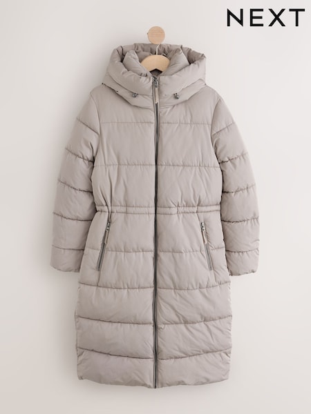 Grey - Shower Resistant Hooded Long Padded Puffer Coat