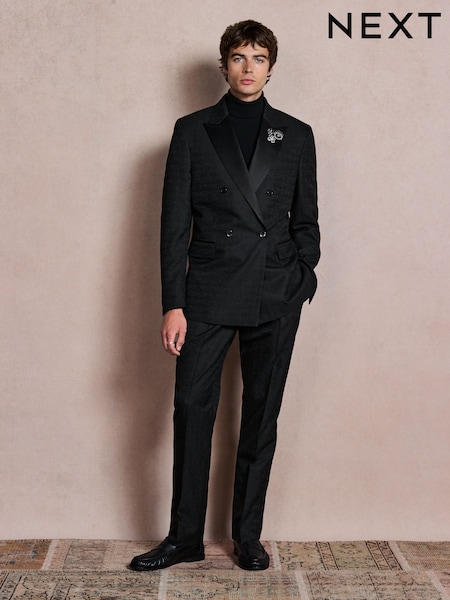 Black - Regular Double Breasted Tailored Fit Patterned Tuxedo Suit Jacket With Brooch