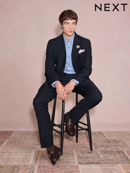 Navy - Regular Double Breasted Tailored Fit Textured Tuxedo Suit Jacket With Brooch