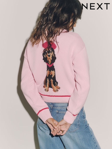 Pink Dog Back Graphic - Cotton Rich Collar Cardigan