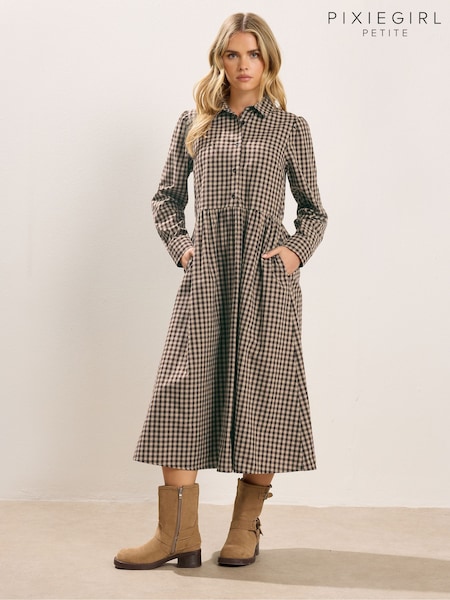 PixieGirl Petite Brown Gingham Shirt Midi Dress (G79538) | AED227