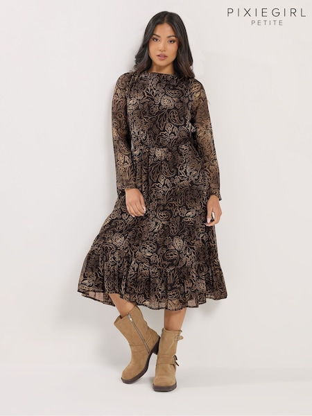 PixieGirl Petite Brown Leaf Print Midi Dress (G79544) | AZN 115