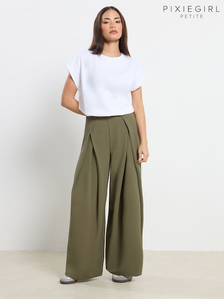 PixieGirl Petite Green Scuba Wrap Pleated Wide Leg Trousers (G79548) | kr534