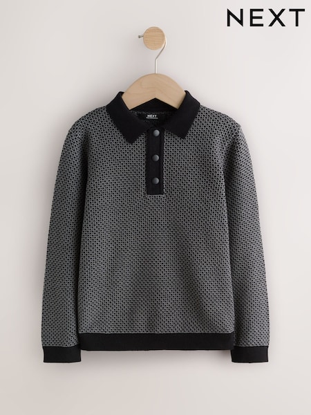 Vienkrāsains - Textured Knitted Popper Neck Polo Shirt (3-16yrs)
