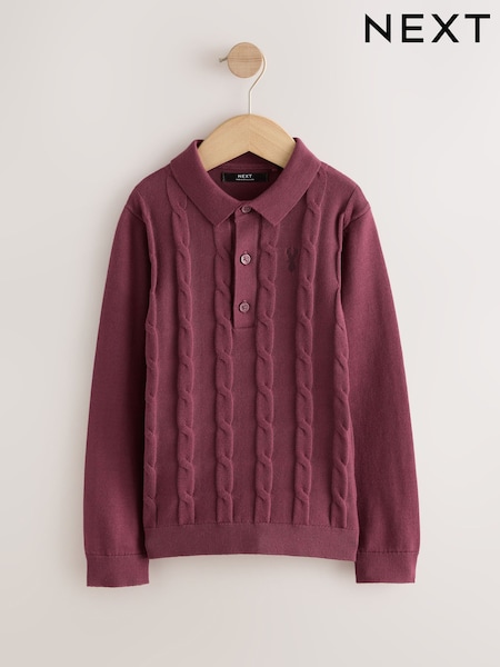 Burgundy Red - Stag Cable Knit Polo Shirt (3-16yrs)