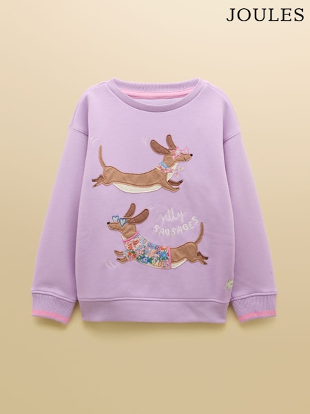 Lilac Purple - Joules Kids' Mackenzie Sweatshirt With Faux Fur Lining