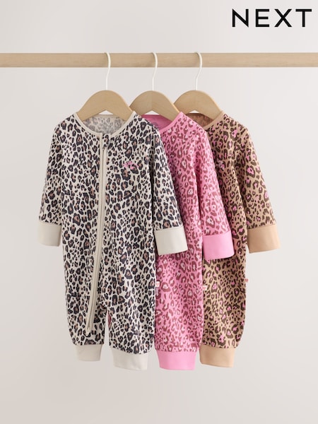 Pink Animal Print - Two Way Zip Baby Sleepsuits 3 Pack (0mths-3yrs)