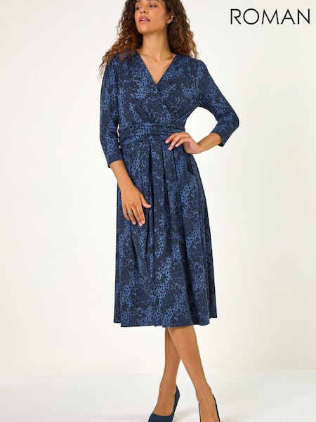 Roman Blue Animal Print Mock Wrap Midi Dress (G79907) | R$ 665