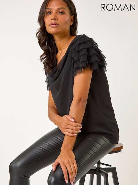 Roman Black Cowl Neck Shoulder Sequin Frill Top (G79908) | 260 QAR