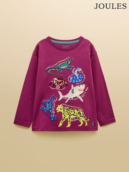 퍼플 - Joules Boys' Finlay Long Sleeve Applique Graphic T-shirt