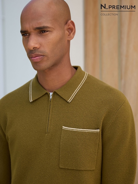 Olive Green - Regular N. Premium Tipped Long Sleeve Knitted Zip Neck Polo Shirt