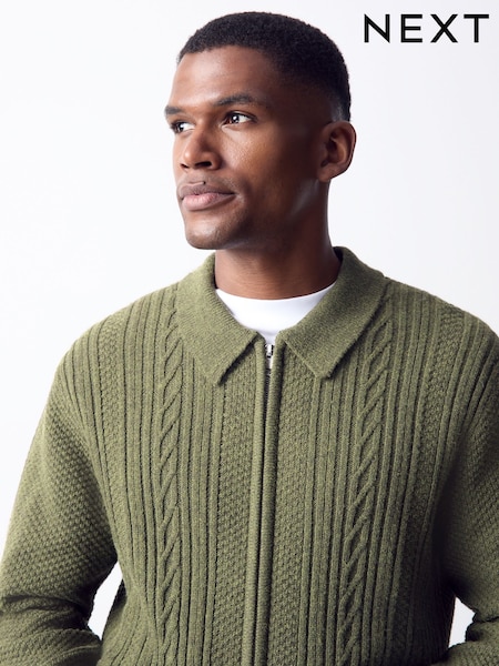 Vert kaki - Regular Cable Knit Zip Through Jumper