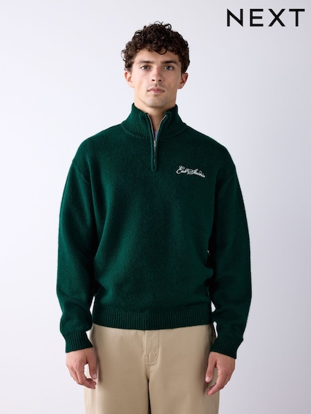 Vert à motif graphique - Regular Cosy Relaxed Fit Quarter Zip Jumper
