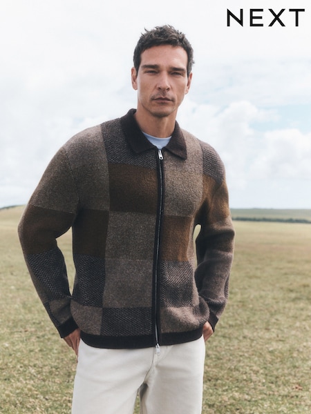 Brown - Regular Cosy Patchwork Knitted Jacket