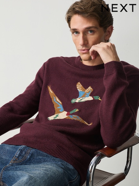 Burgundy Red - Regular Duck Graphic Knitted Crew Neck Jumper