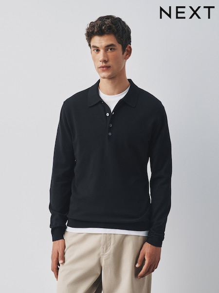أسود - Regular Long Sleeve Knitted Polo Shirt