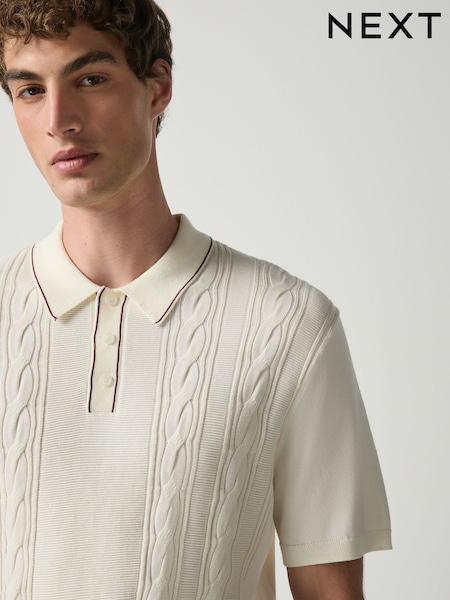 Ecru White - Regular Short Sleeve Cable Knit Tipped Polo Shirt