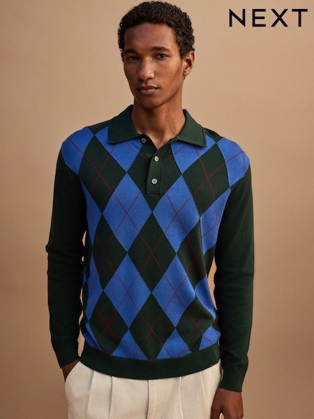 כחול/ירוק - Regular Argyle Pattern Knitted Polo Shirt
