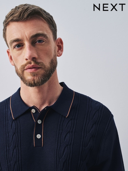 أزرق داكن أزرق - Regular Tipped Cable Knitted Polo Shirt