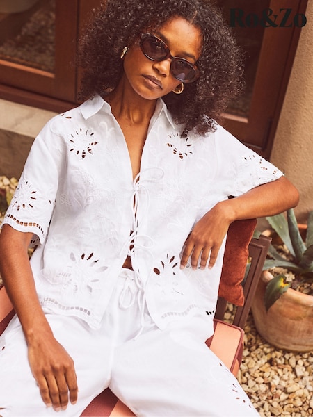 Ro&Zo White Broderie Tie Front Shirt (G80249) | SGD 172