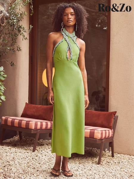Ro&Zo Green Halter Bead Fringe Linen Blend Dress (G80257) | AED868