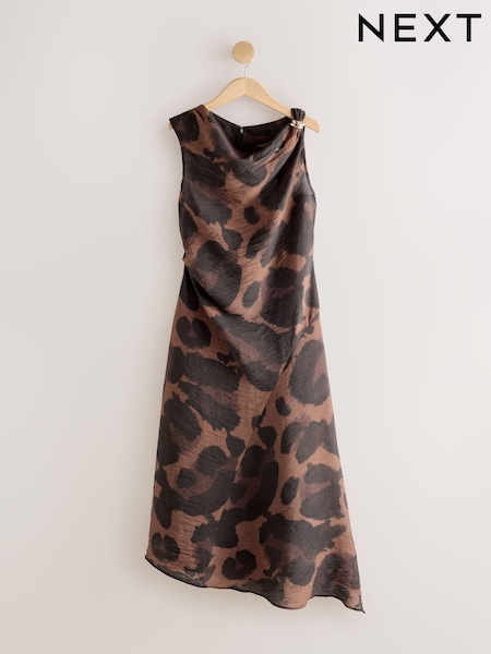 Brown Animal - Ruched Shoulder Hardware Hanky Hem Midi Dress