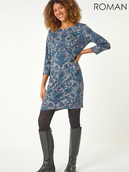 Roman Blue Baroque Pocket Detail Shift Dress (G80487) | R$ 630