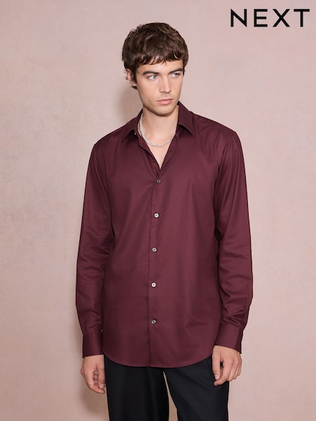 Burgundy Red - Regular Fit Cotton Rich Textured Easy Care Smart Shirt