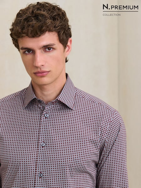 Burgundy - Regular N. Premium Slim Fit Cotton Stretch Geometric Printed Formal Shirt