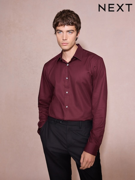Bourgogne Röd - Slim Fit Cotton Rich Textured Easy Care Smart Shirt